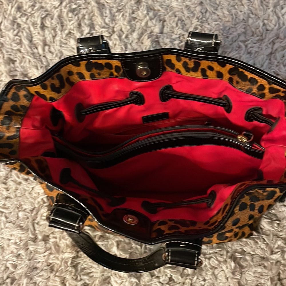 Dooney & Bourke Leopard Print Tote with Black Trim and Red Interior - Picture 5 of 9